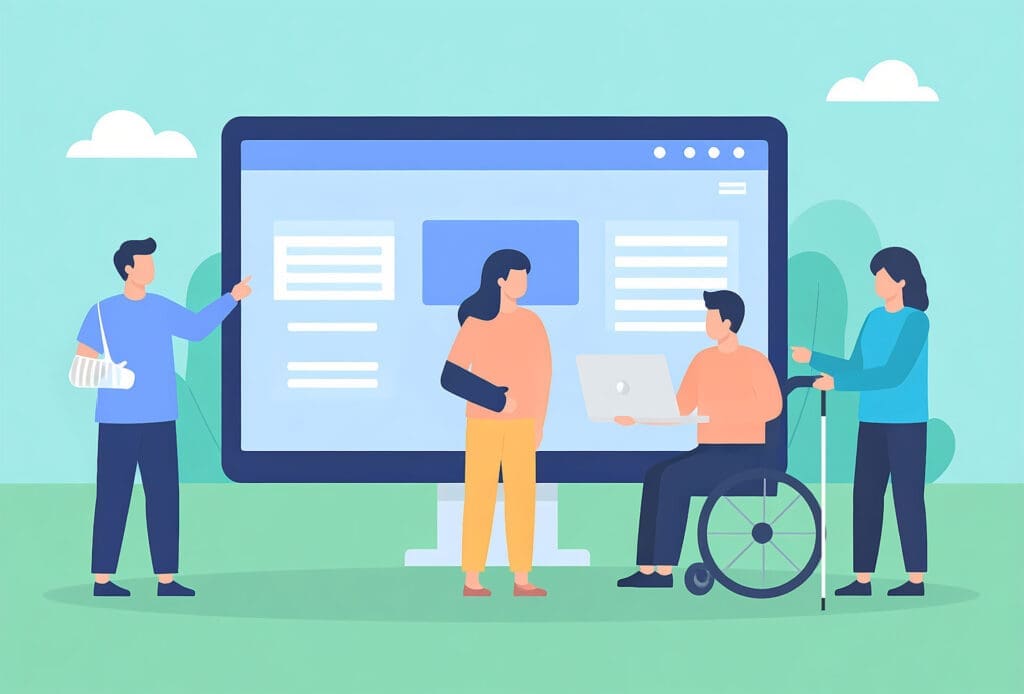 Digitale Barrierefreiheit: Personen mit temporären oder dauerhaften Beeinträchtigungen stehen vor einer barrierefreien Website, welche sie alle nutzen können